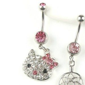 HELLO KITTY BELLY BUTTON JEWELRY 14G Stainless Steel CRYSTAL SETTINGS